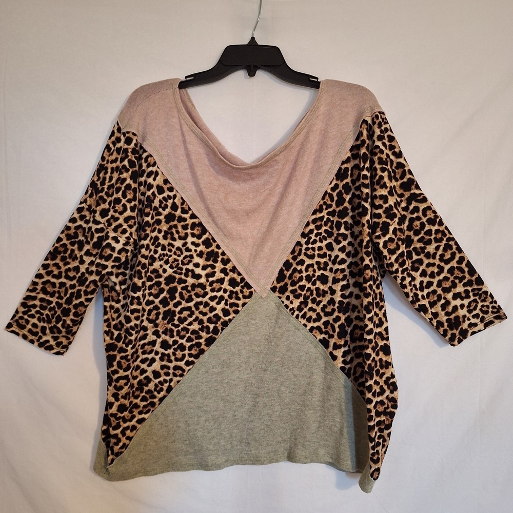 Women's Patchwork Animal Print Casual Top L Multicolor Leopard Mixed Oversized